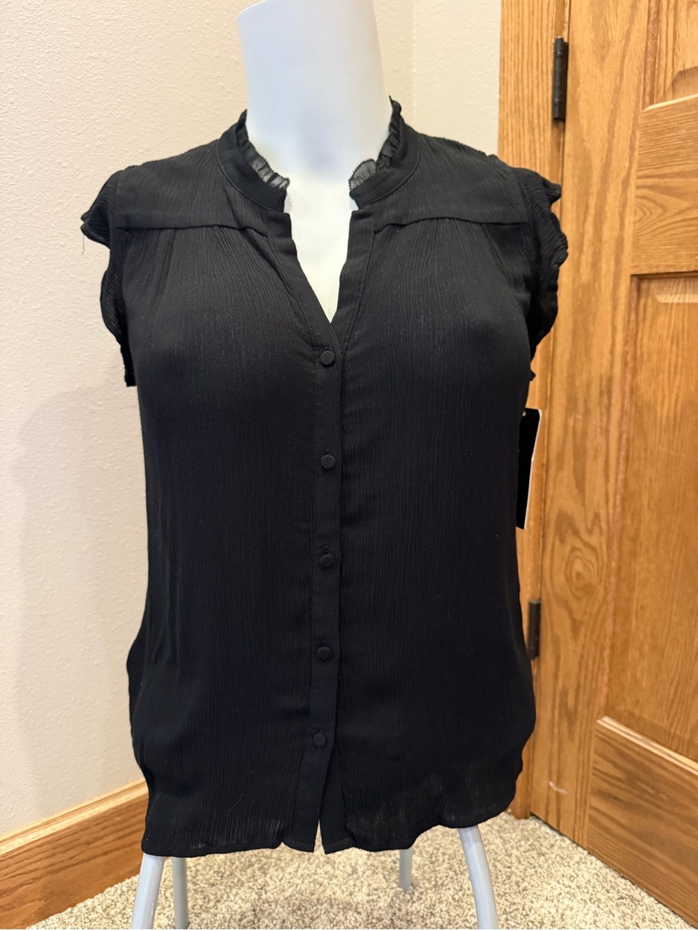 lovestitch Black Cap-Sleeve Button-Front Blouse with Ruffle Trim